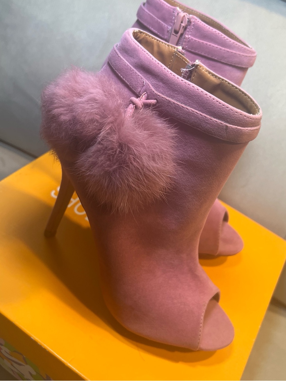 Shoe Republic LA Pink Suede Peep-Toe Pom-Pom Heeled Booties